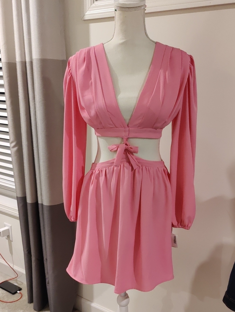 New!Pink Long-Sleeve Cutout Mini 2pc Dress Y2K Retro Luxury Pleated Aesthetic